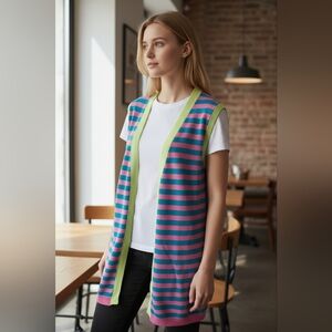 Striped Bold Colors Sleeveless Cardigan Vest Size Small